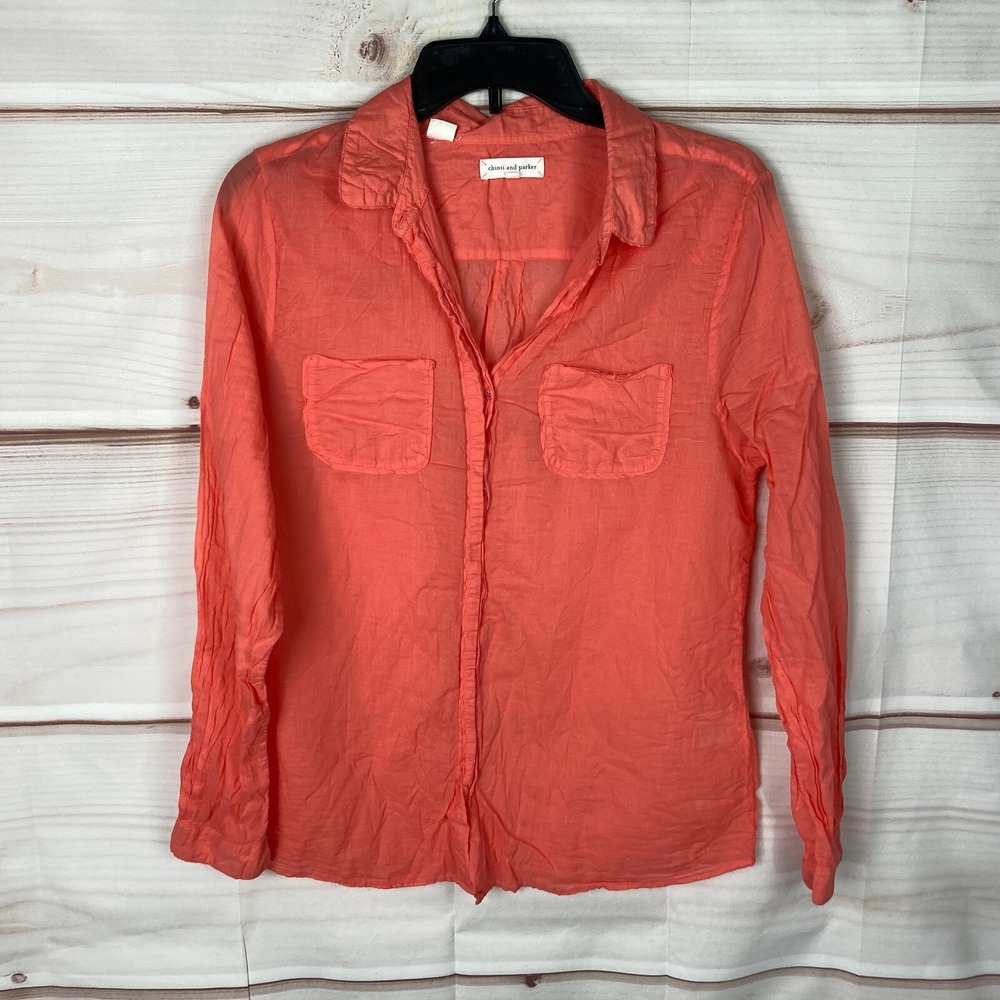 Chinti & Parker Top Womens S Orange Button Up Shirt Collar Cotton Lightweight
